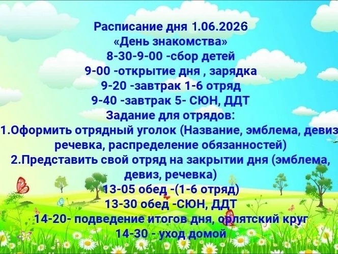 Расписание летней оздоровительной площадки на 01.06.2026 г..